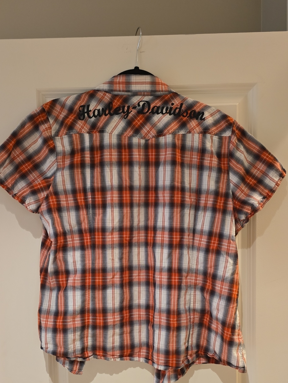 Harley-Davidson Orange, Black and White Plaid Ladies Short-Sleeve Button-Up XL